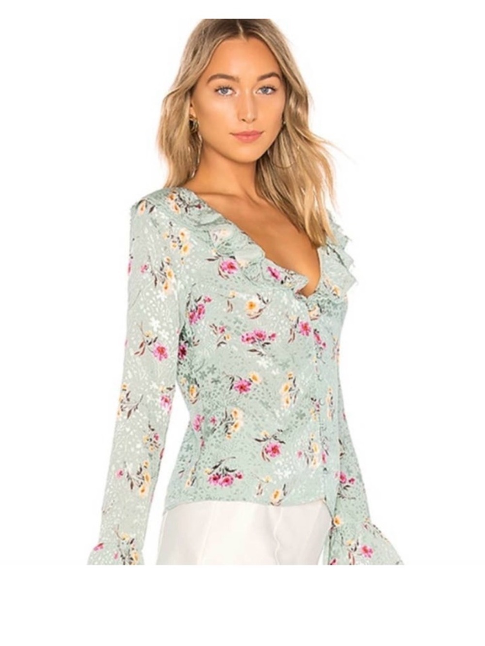 Majorelle Women's Revolve Fleur Top Green Floral V-neck Ruffle Button Up
